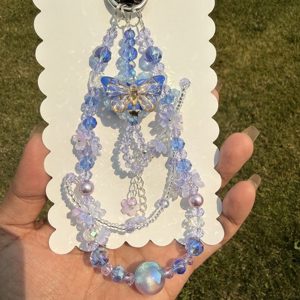 Butterfly Blue Beaded Phone Wristlet Keychain Crystal Phone Strap Handmade Bag